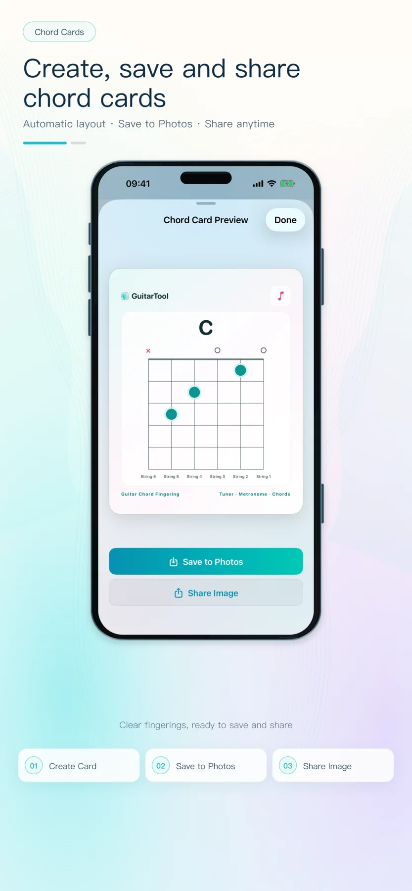 GuitarTool chord card preview with save and share actions