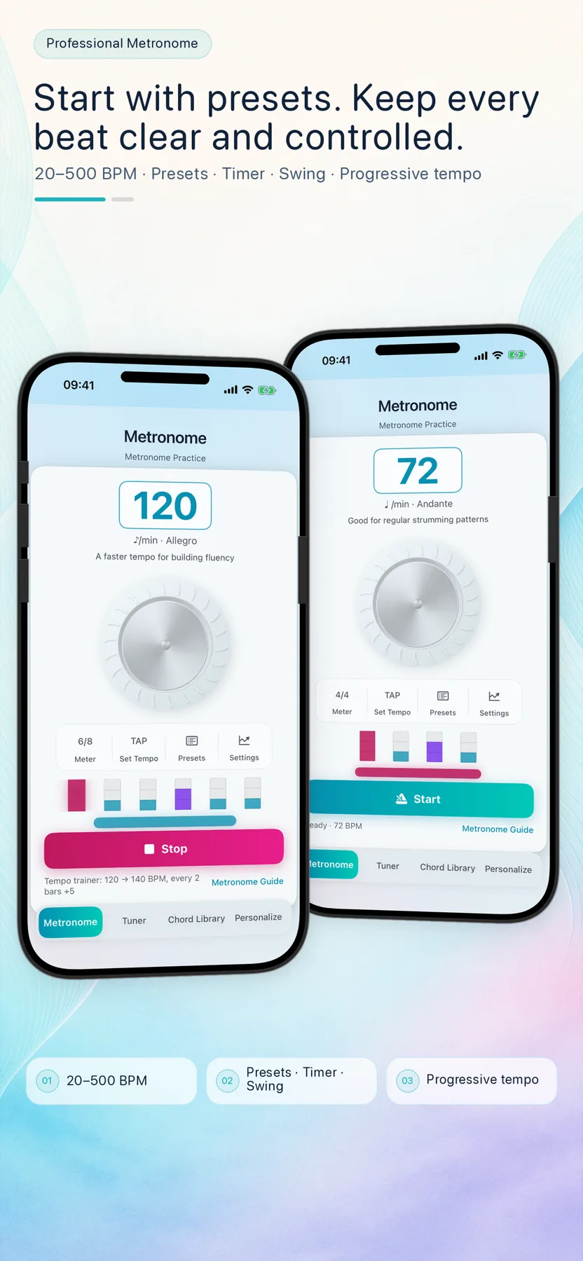 GuitarTool metronome with presets, timer, swing and progressive tempo