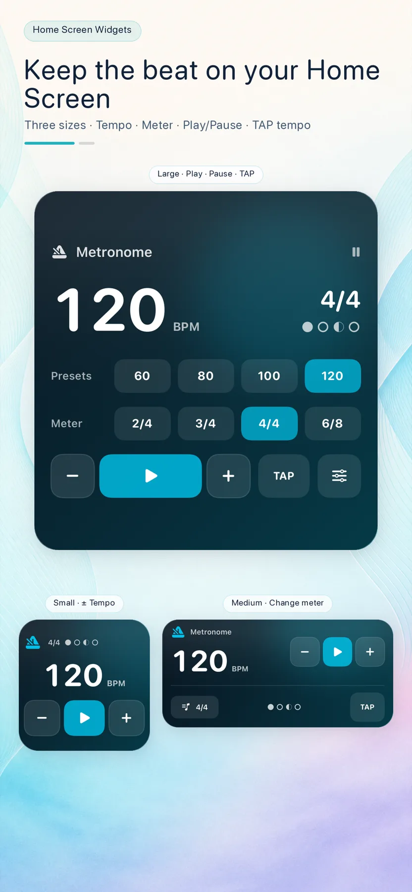 Three GuitarTool metronome widget sizes in English