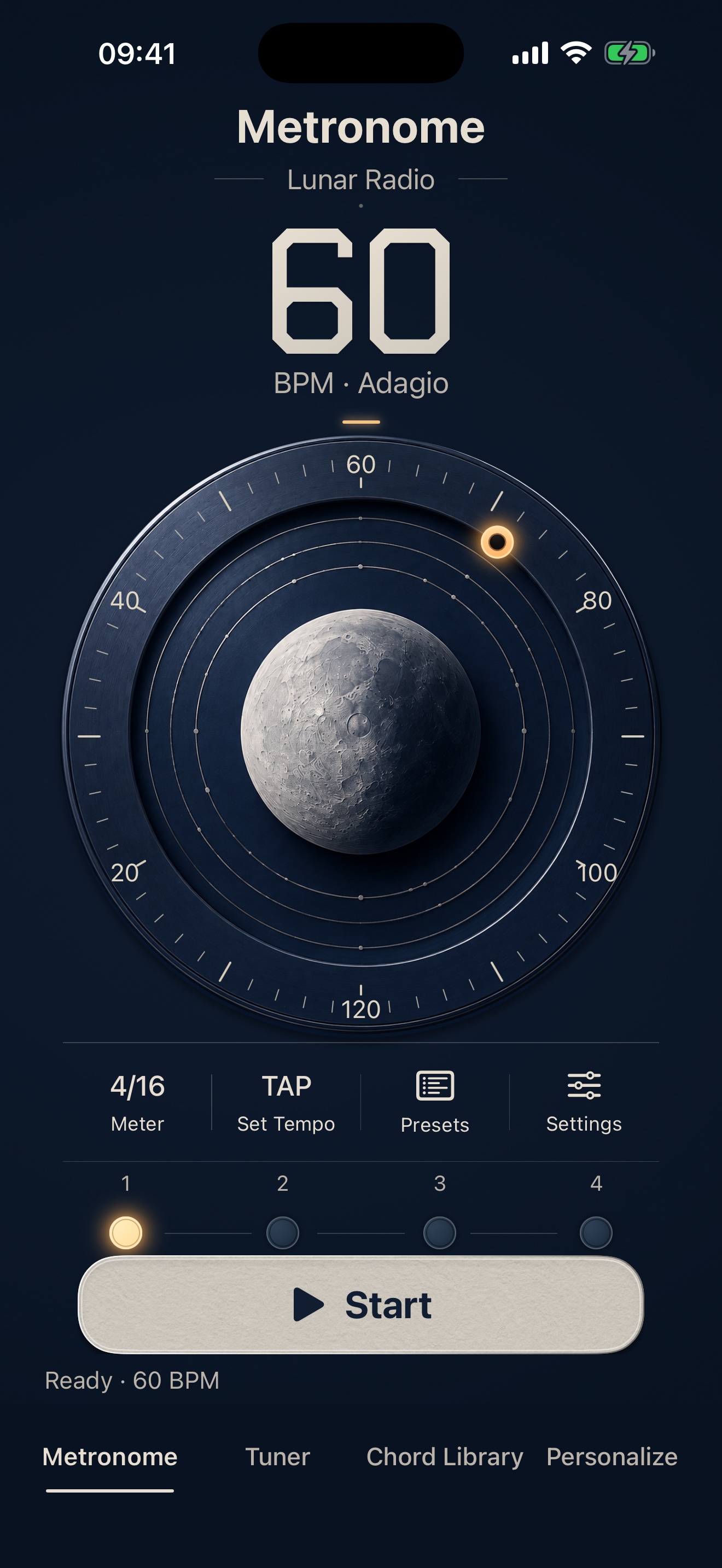 Full GuitarTool metronome screen in the Lunar Radio paid theme