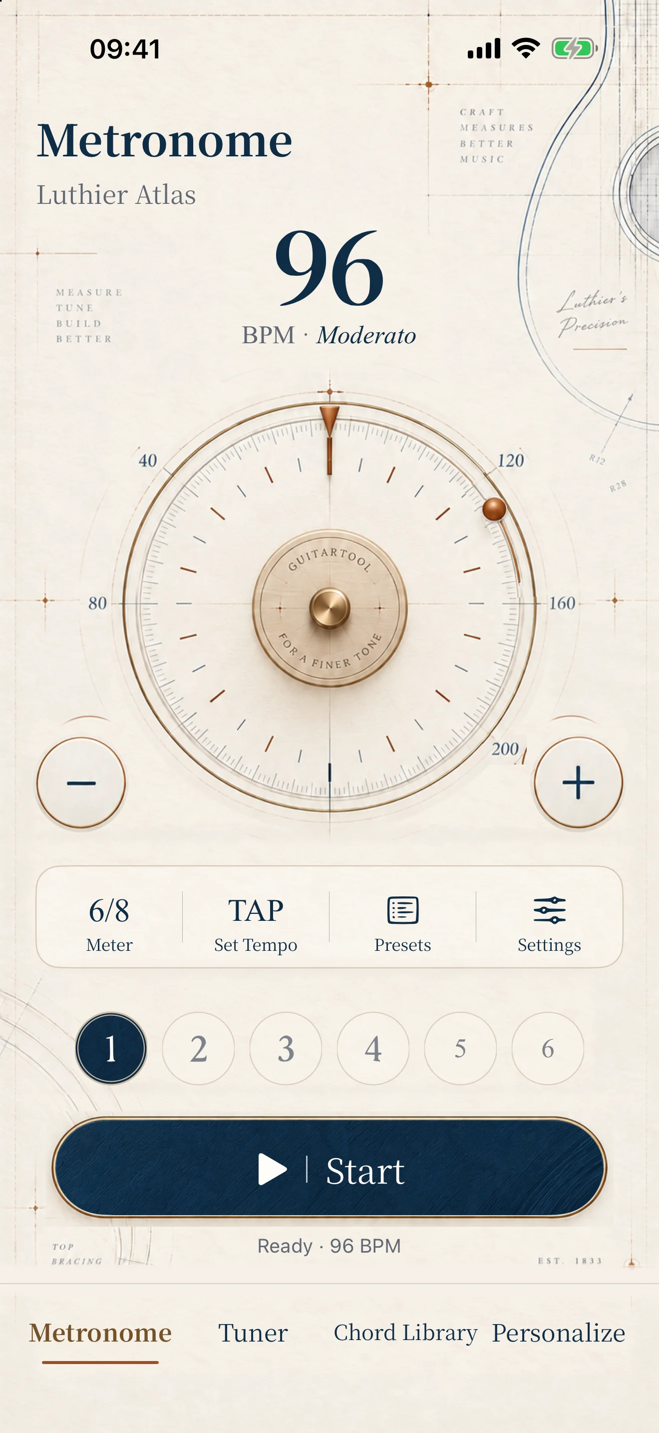 Full GuitarTool metronome screen in the Luthier Atlas paid theme