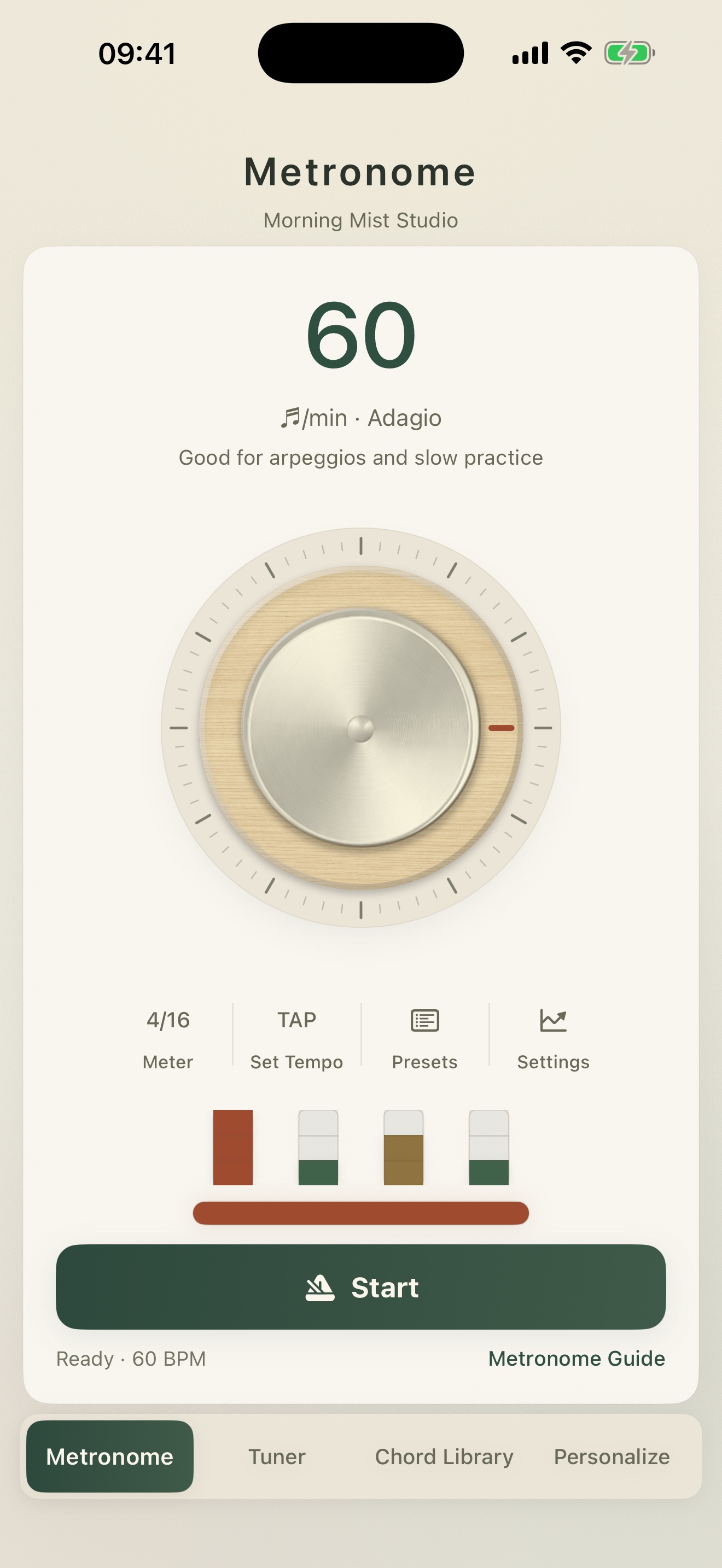 Full GuitarTool metronome screen in the Morning Mist Studio paid theme