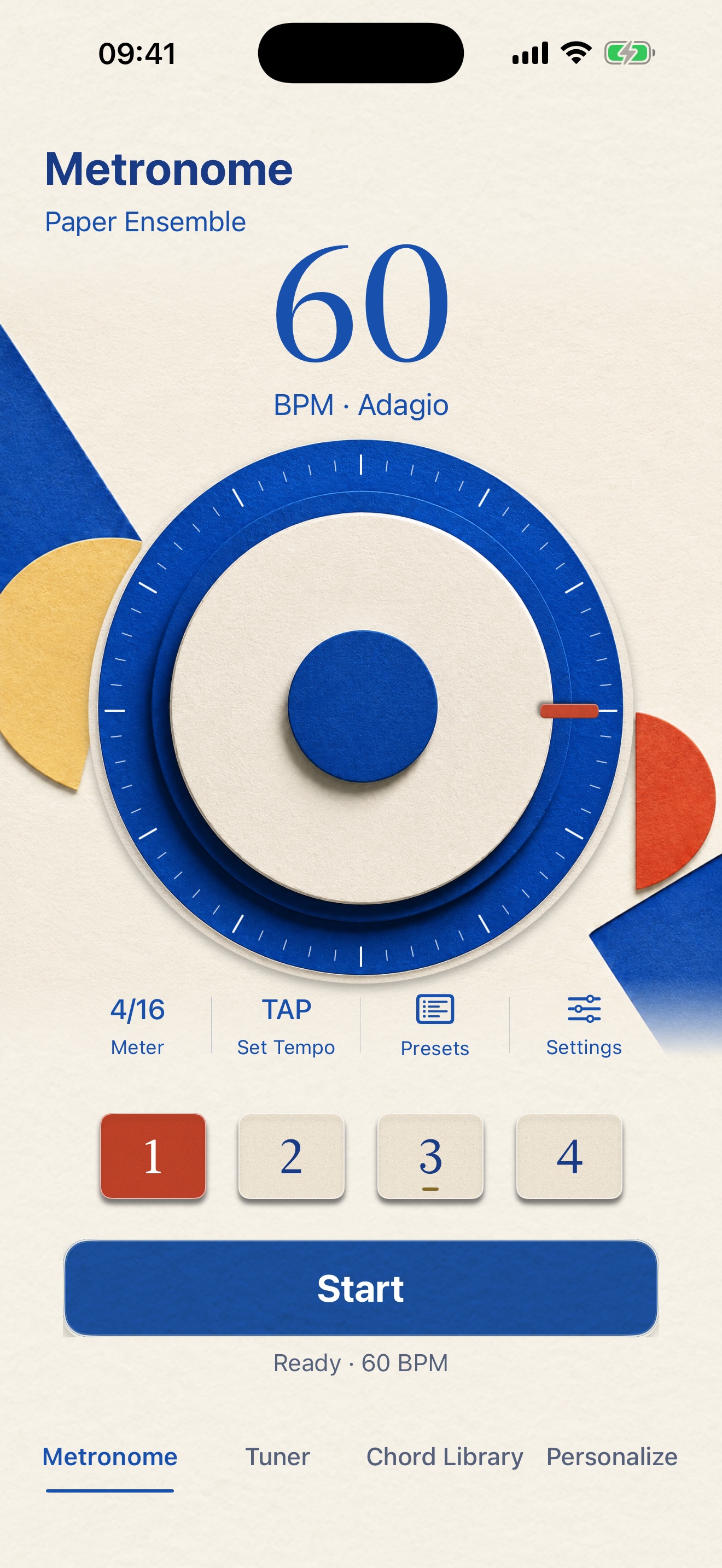 Full GuitarTool metronome screen in the Paper Ensemble paid theme