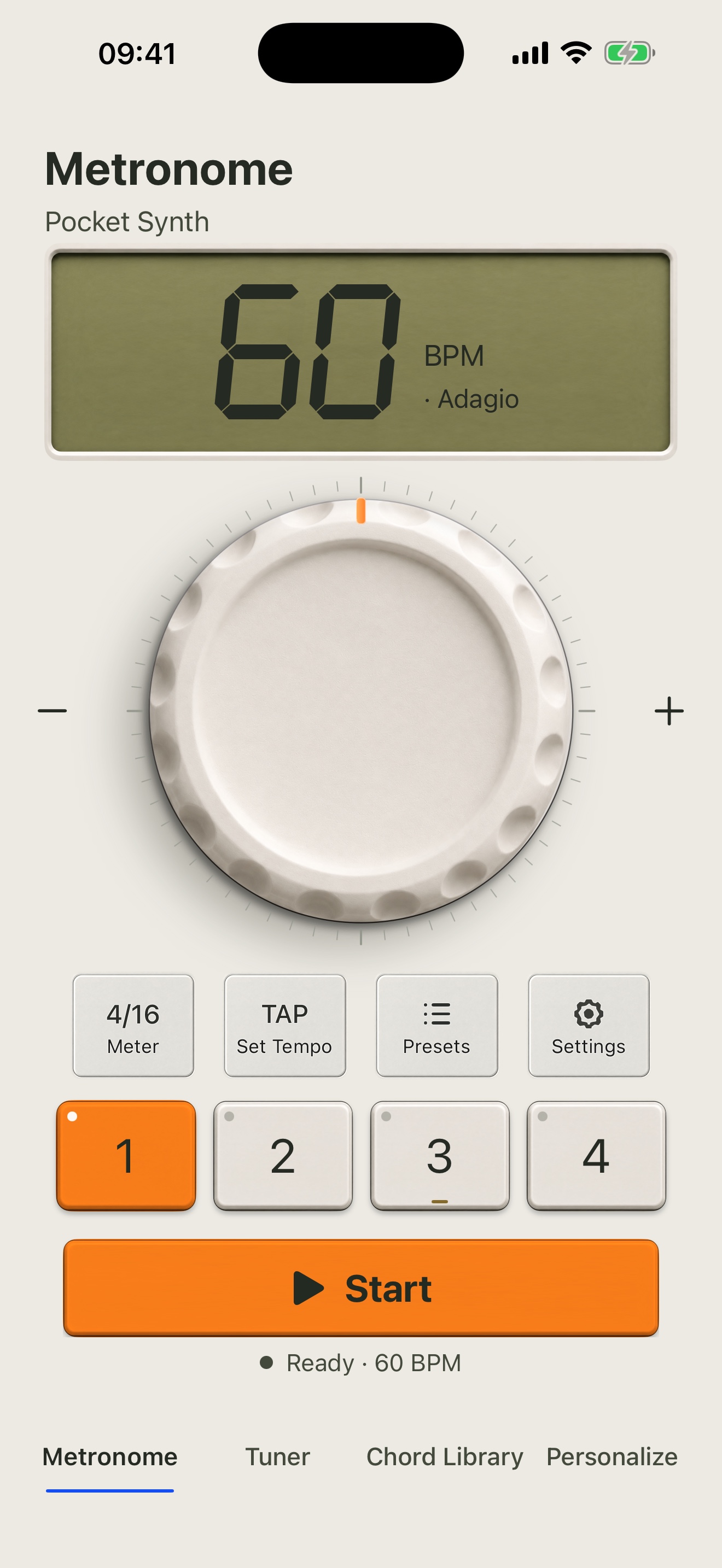 Full GuitarTool metronome screen in the Pocket Synth paid theme