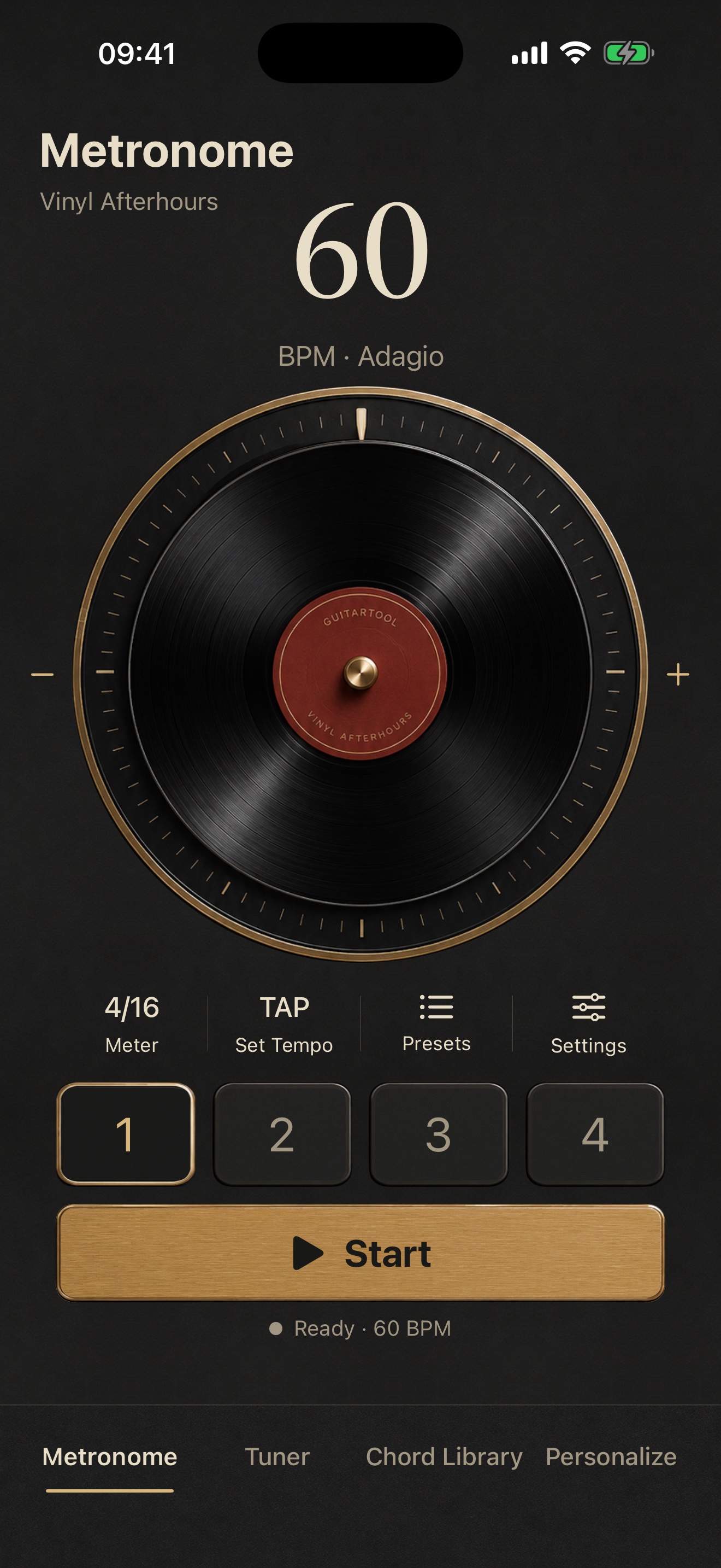 Full GuitarTool metronome screen in the Vinyl Afterhours paid theme