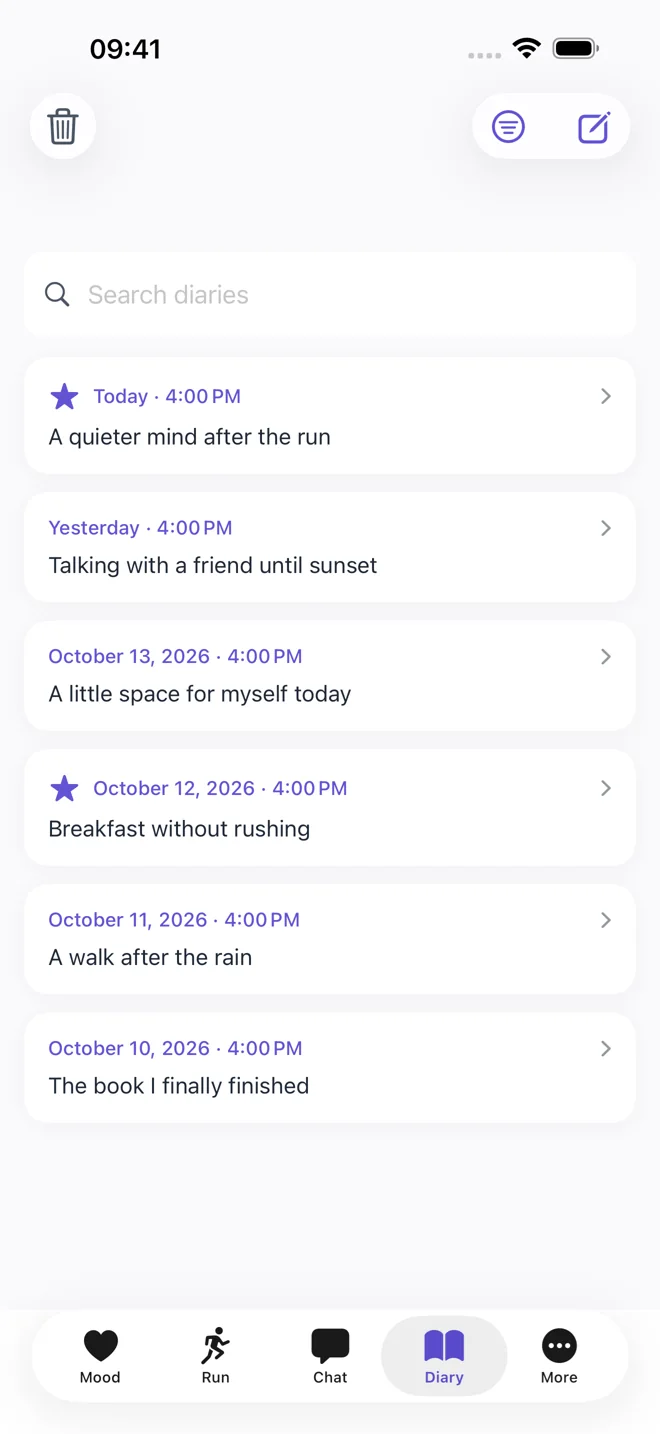 Actual diary list in Pulse Diary