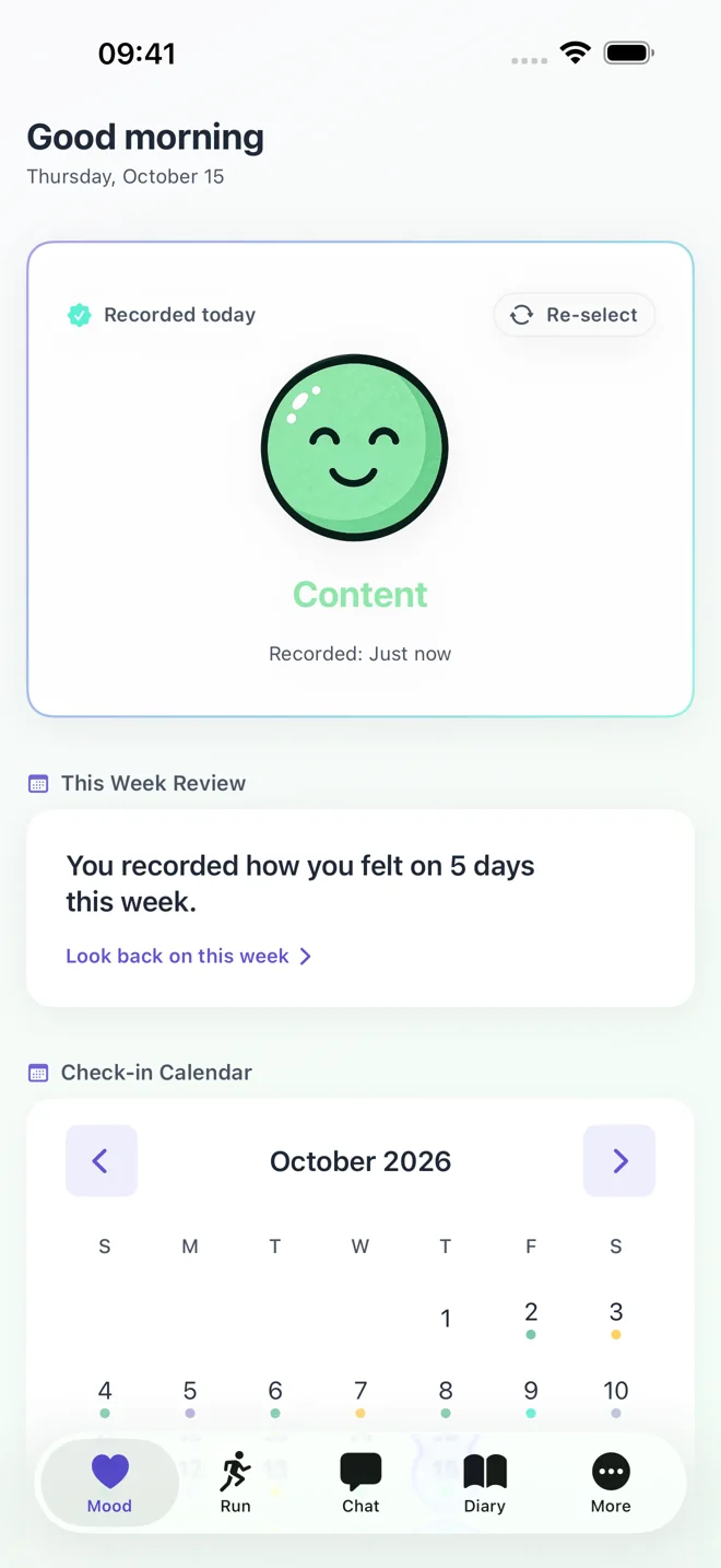 Actual Pulse Diary screen showing today's mood, weekly records and mood calendar