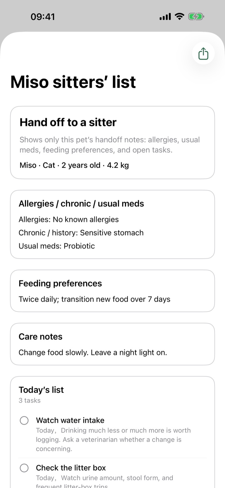Temporary care list for one pet