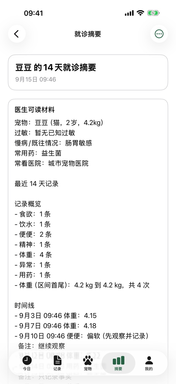 毛孩子就诊摘要：只整理记录，不做诊断