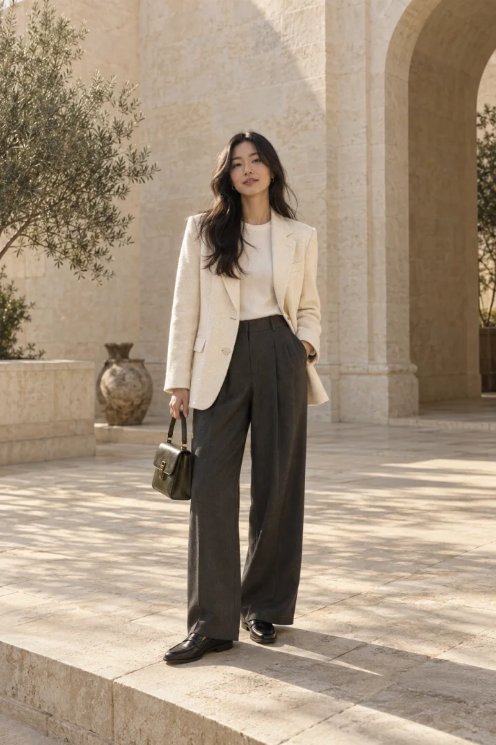 A person wearing a cream blazer and charcoal trousers in an editorial setting