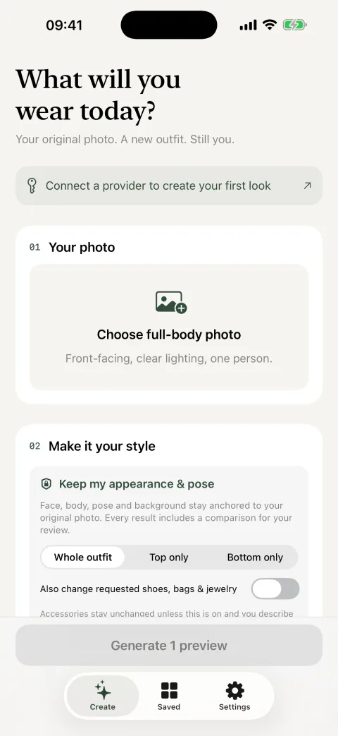 ImagineOutfit create screen for choosing a full-body photo and styling scope