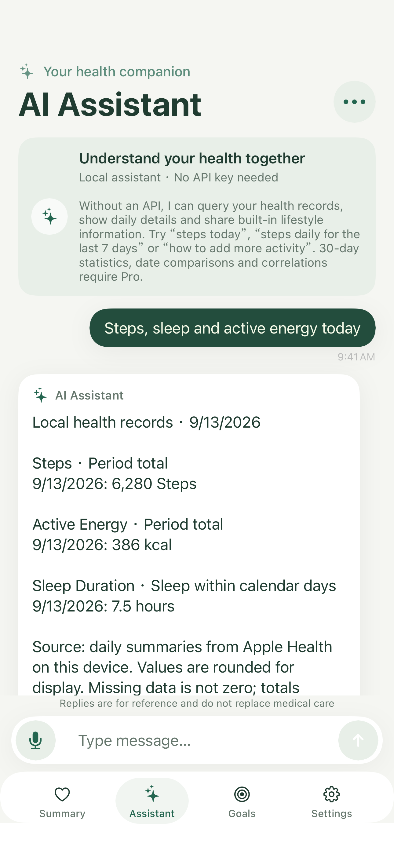 Local assistant listing steps, sleep and active energy for a date
