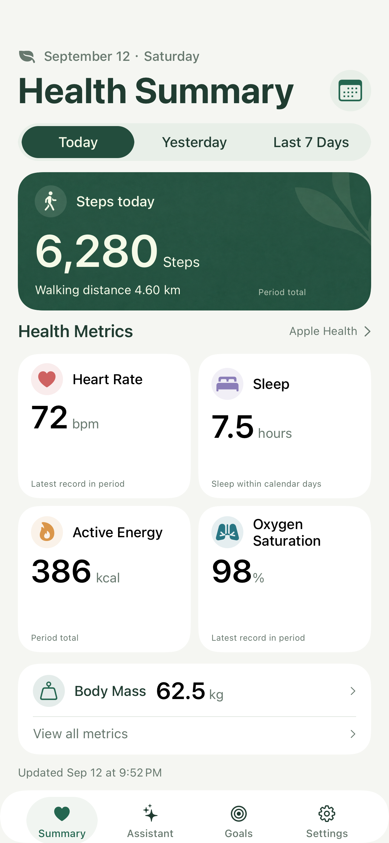 VitaGauge health summary sample showing 6,280 steps and 7.5 hours of sleep
