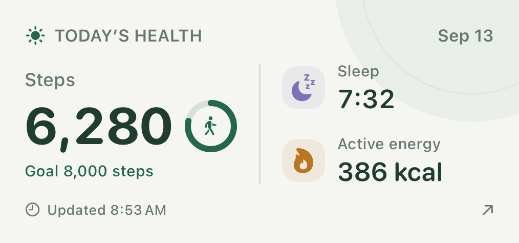 Medium Home Screen widget with steps, sleep and active energy